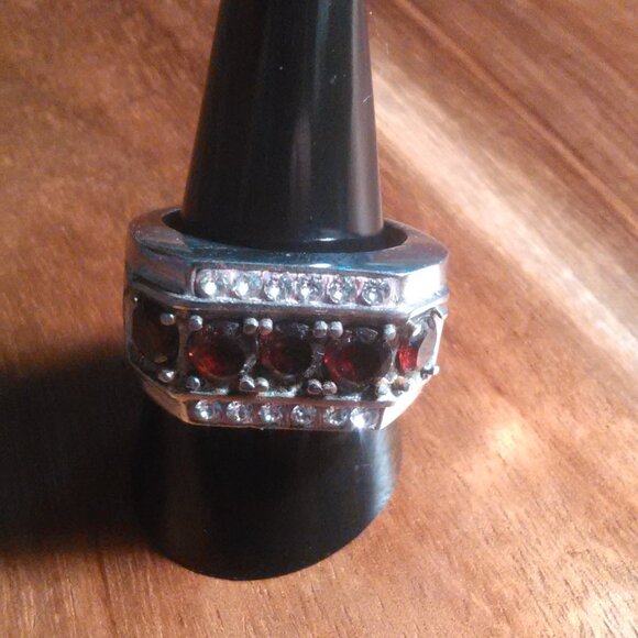 Men's Garnet and White Crystal Stainless Steel Ring (Size 10) - Picture 1 of 8